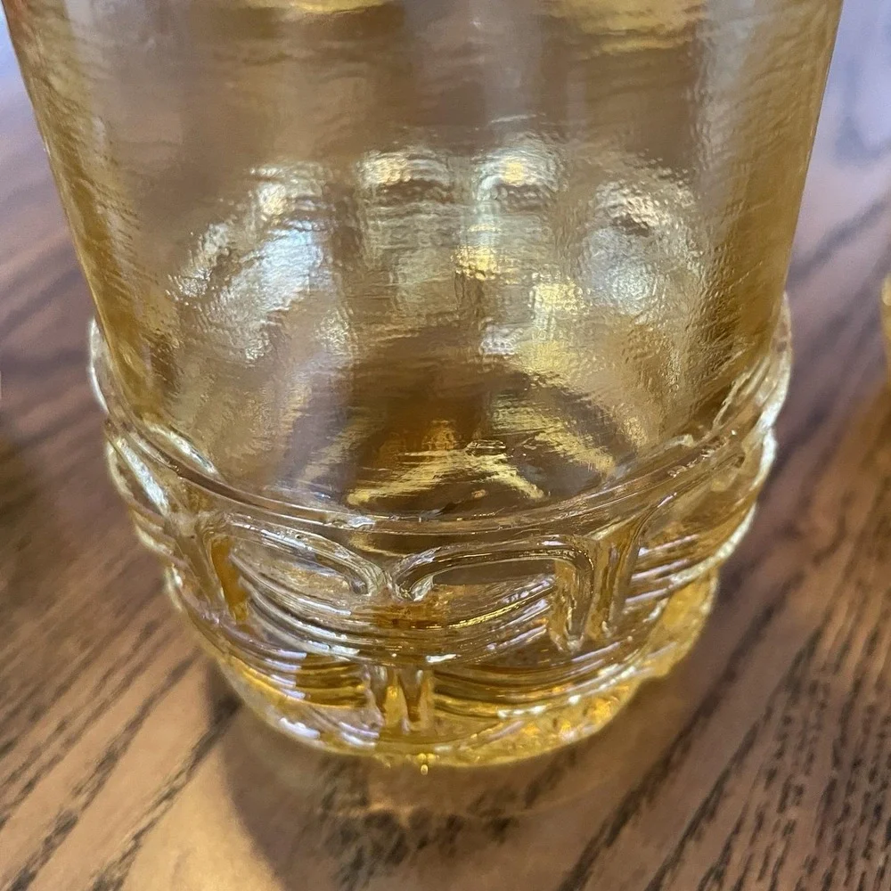 Vintage LE Smith Glass Amber Yellow Wicker Basket Set of 8 Old Fashioned Glasses